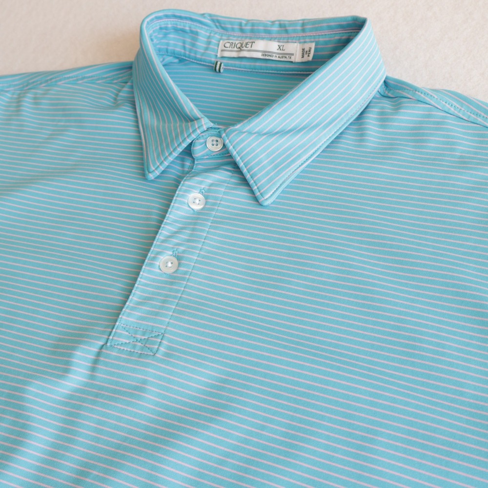 Criquet Mens XL Performance Polo Shirt Blue Pink Striped Short Sleeve Golf